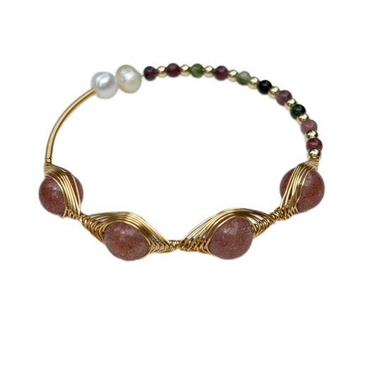 Silk art.Tourmaline and strawberry crystal.Bracelet with natural crystal design wrapped in 14K gold
