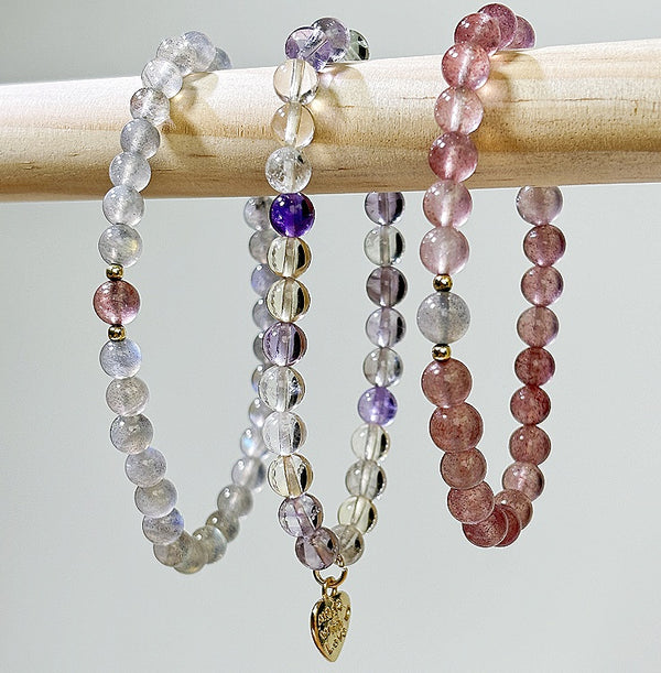 Triple Layer Wish Bracelet ，with Strawberry Quartz, Moonstone, and five crystals symbolizing love, balance, prosperity, protection, and inspiration